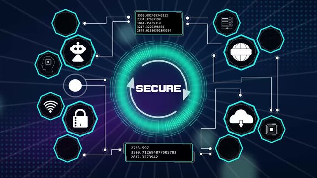 Cyber security technology concept featuring abstract glowing neon user interface panel with cloud server protection elements