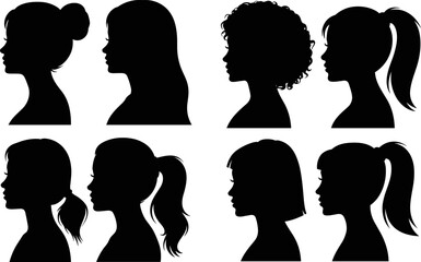 Female profile silhouette set featuring diverse hairstyles including bun ponytail curly and bob styles for beauty design avatar and fashion projects © MstNur