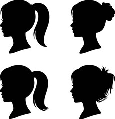Female Profile Silhouette Collection Featuring Different Hairstyles and Ponytail Styles for Beauty Fashion and Avatar Design © MstNur