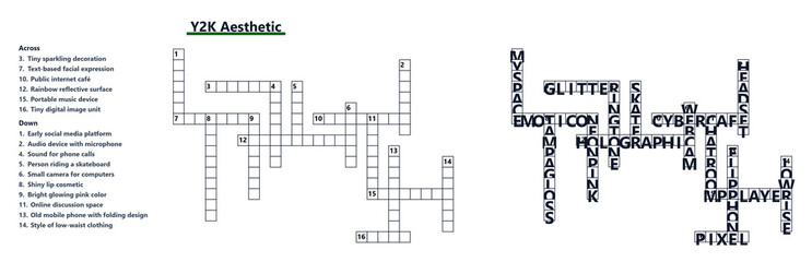 Fototapeta premium Crossword puzzle template with blank squares and clues displayed 
