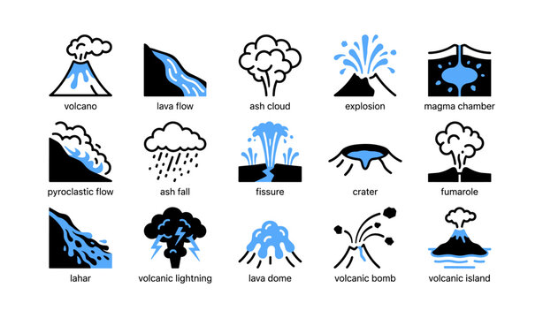 Volcano icons showing eruption features and volcanic elements