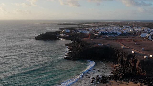 El Cotillo Fuerteventura Aerial View of Dramatic Golden Sunset Over the Ocean and Coastal Village