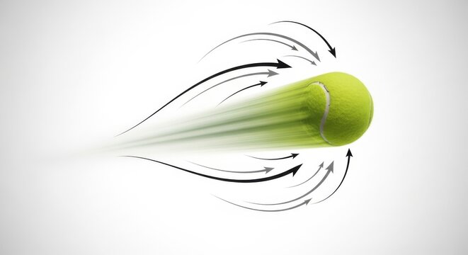 Fast moving tennis ball with motion blur and aerodynamic air flow arrows.