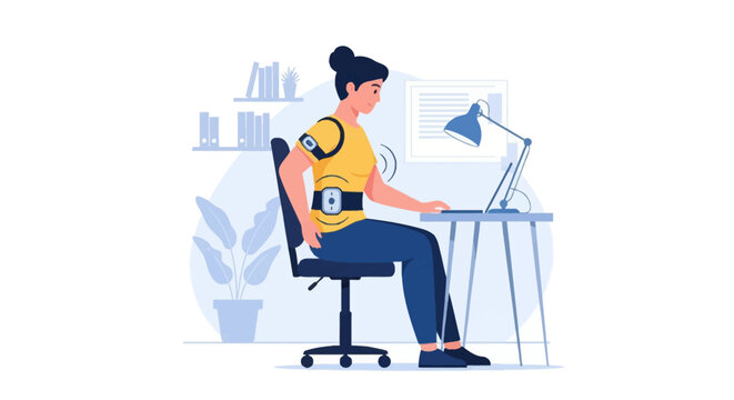 Detailed vector illustration of a female office worker using a posture correction wearable device and smart back brace while sitting at a desk with a laptop and lamp.