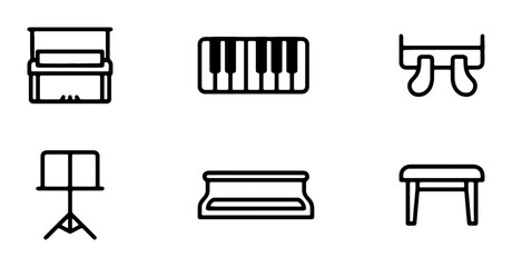 Piano Icons Set: Keyboard, Upright Piano, Pedals, Music Stand, Bench, Stool © Rafia