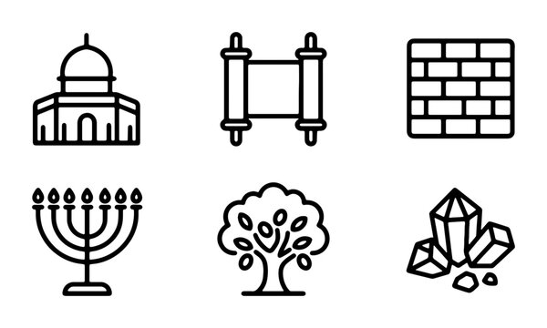 Jewish Symbols Icons Set: Menorah, Torah Scroll, Dome Building, Tree, Crystals, Brick Wall