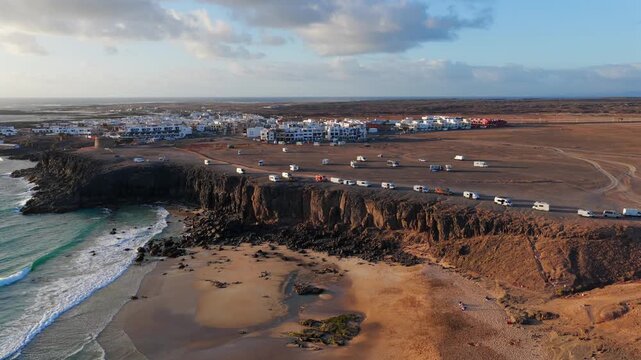 Corralejo Fuerteventura Aerial View of Surf Vans and Caravans Parked by the Beach at Sunset