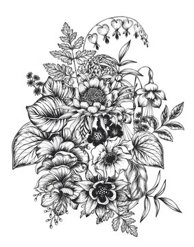 Beautiful hand drawn vector composition with black and white unusual blooming flowers on white background