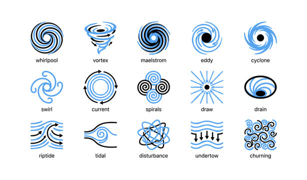 Water swirl and vortex icons arranged on white background