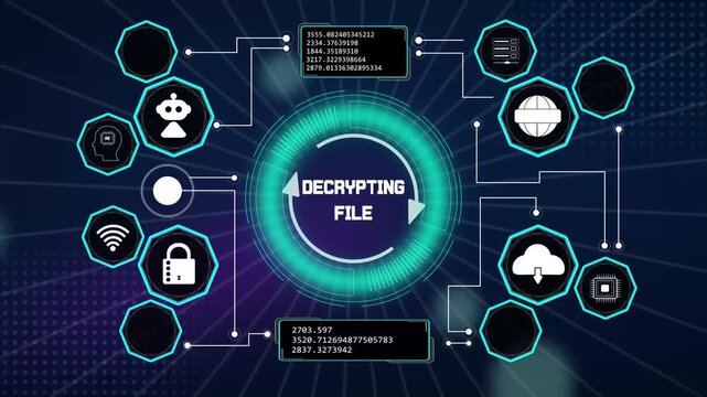 Innovative encryption technology interface presenting automated decrypting file data with interactive screen nodes
