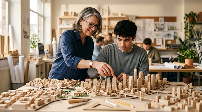 Professional architect mentor guiding student with urban scale model