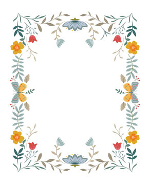 Fame made from folk art elements on white background. Floral vector illustration. Hand drawn folk flowers. Scandinavian traditional motif.