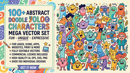Naklejka premium Abstract doodle characters mega vector set, 100 colorful cartoon monsters, expressive hand drawn mascot collection