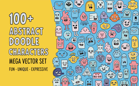 Abstract doodle characters mega vector set, 100 plus expressive cartoon monsters, fun hand drawn mascot collection