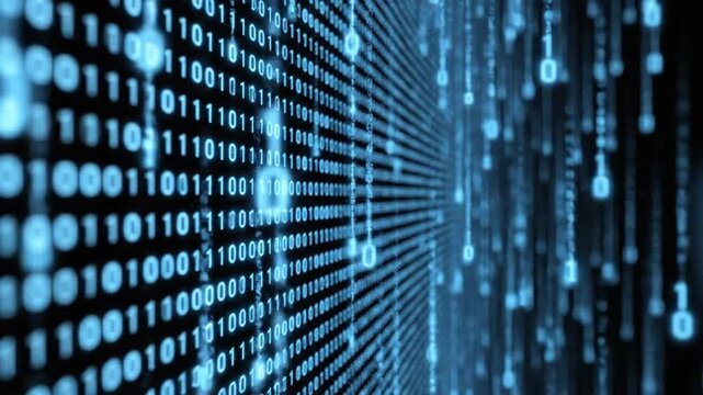 Abstract digital background with glowing blue binary code streams