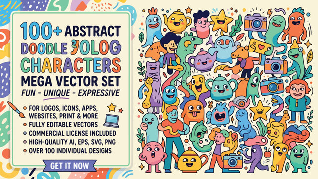 Abstract doodle characters mega vector set, 100 colorful cartoon monsters, expressive hand drawn mascot collection