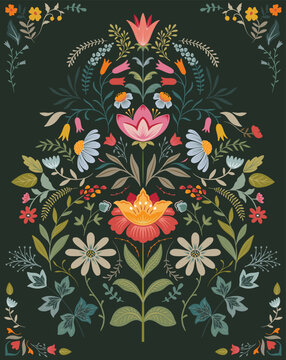 Vector Folk Nordic art posters template with flowers and plants. Modern trendy minimal ornamental style. Hand drawn design for wall decor, print, postcard, cover, banner.