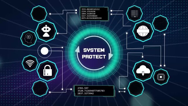 Advanced system protect monitoring dashboard presenting automated computer defense paths and digital database security