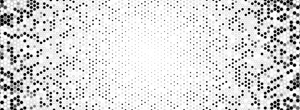 Hexagon halftone field dense left, fade right. Honeycomb mosaic tech vibe. Topics technology data. Use background banner UI cover print. Monochrome minimal geometric BG. Vector illustration