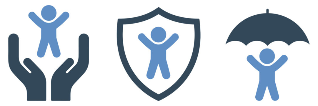 Child safety care icons showcasing childcare, protection, and wellness symbols for parenting guidance, healthcare, and child development applications. Vector illustration.
