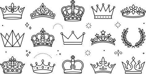 Royal crown and tiara line vector icon set with imperial king queen princess diadem and laurel wreath elements © MD