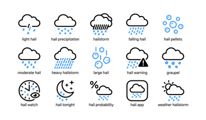 Fototapeta premium Hail and hailstorm weather icons shown on white background