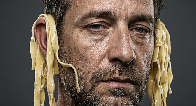 Man in a grotesque absurd mood with giant pasta noodles hanging from his ears against a clean studio background