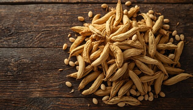 Sun Dried Dry Greenish Brown Guar Fali Cluster Beans on Wood