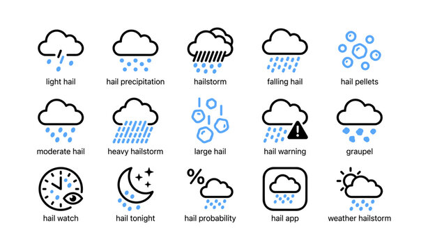 Hail and hailstorm weather icons shown on white background