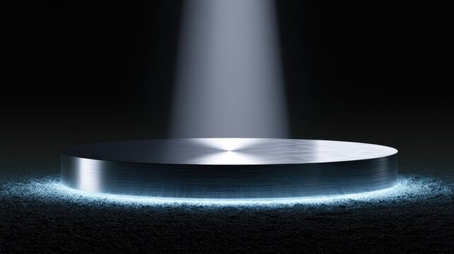 Polished metal platform with illuminated base and spotlight