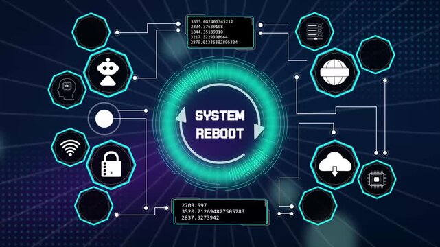 Advanced system reboot automation interface displaying server restart progress loops and active firmware recovery nodes