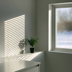 Fototapeta premium Sunlit corner with blinds casting shadows, a potted plant sits on a shelf, winter scene visible outside