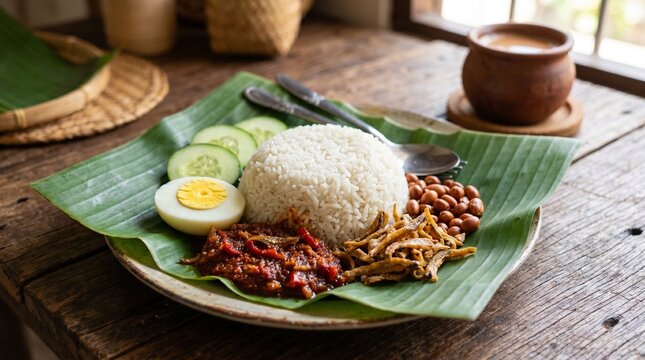 Classic Malaysian nasi lemak with sambal and coconut rice served in authentic traditional style.
