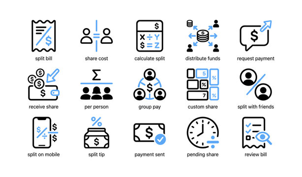 Split bill and payment icons showing group pay on white