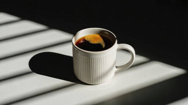 A textured white ceramic mug filled with dark aromatic coffee rests under dramatic sunlight creating sharp linear shadow patterns tonight