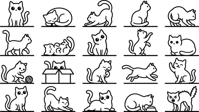 Cute Cartoon Cat Character Icon Set with Various Poses Including Sleeping Stretching Playing and Sitting for Pet Lovers Branding and Digital Illustration Projects