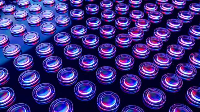 Futuristic glowing neon circular glass buttons arranged in isometric geometric grid over dark blue reflective surface creating vibrant technology background in 3d illustration