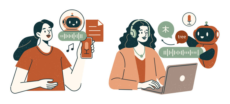 Artificial intelligence audio and voice processing vector illustration with artificial intelligence technology processing computer software communication innovation analysis interaction