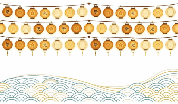 Minimal Japanese lantern festival background with hanging lanterns and warm glow vector design