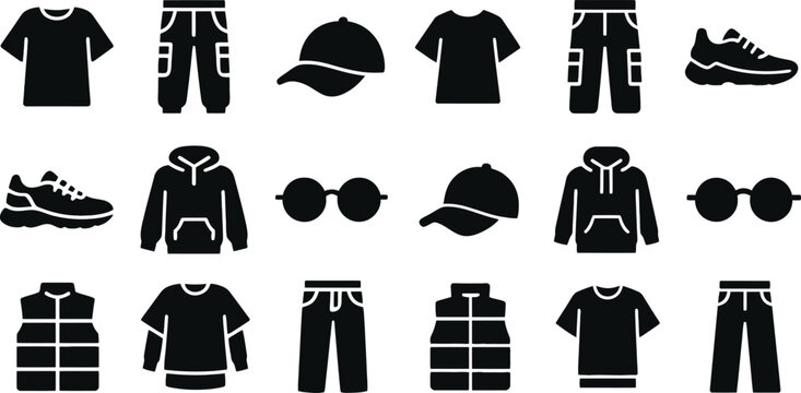 Set of black and white sports clothes and shoes flat lay on surface Vector