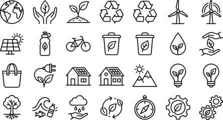 Ecology and Environmental Sustainability Line Icon Set Featuring Globe Recycle Windmill Solar Panel Eco House Lightbulb and Green Energy Vector Illustrations © MdShahazahan