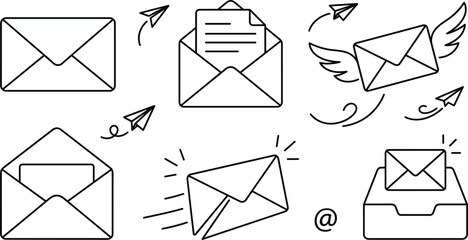 Email message and postal delivery line vector icon set with flying envelope paper plane and inbox drawer elements © MD