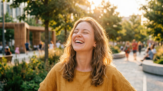 Beautiful happy young caucasian woman laughing outdoors under warm bright sunset sunlight wearing casual yellow shirt standing in peaceful green city park