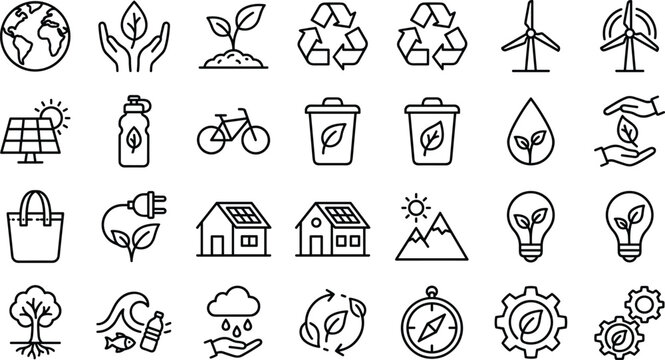 Ecology and Environmental Sustainability Line Icon Set Featuring Globe Recycle Windmill Solar Panel Eco House Lightbulb and Green Energy Vector Illustrations
