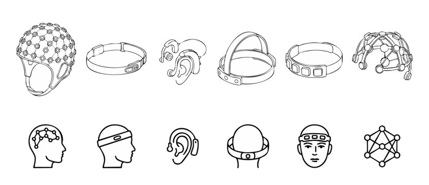 EEG Headwear BCI Vector Icons set showcasing brain computer interface devices, neurotechnology headsets, smart biosensors, and eeg headbands. Minimalist line art illustrations for medical tech design.