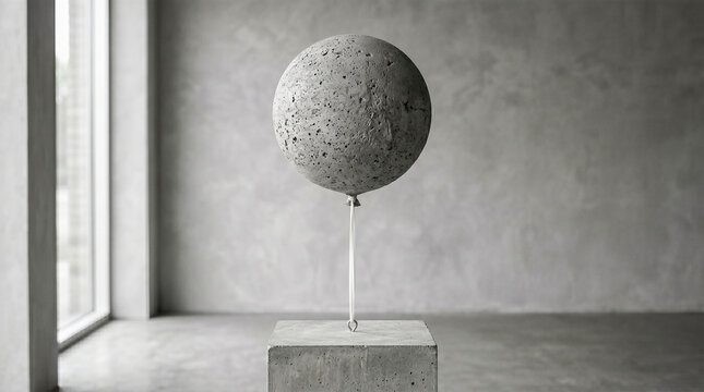 Creative conceptual modern art installation featuring heavy solid grey concrete sphere resembling delicate floating party balloon resting securely atop brutalist stone pedestal