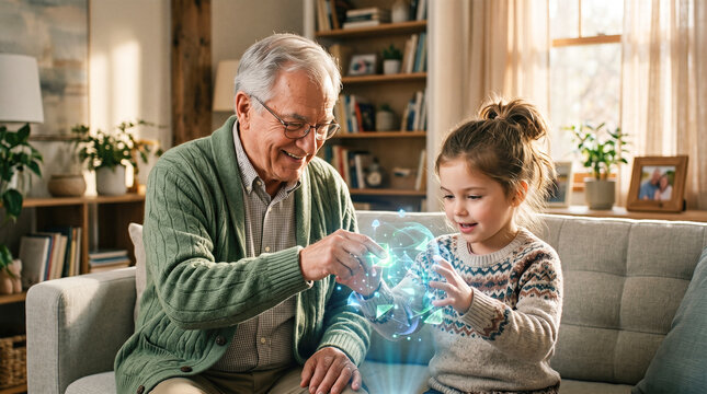 Happy senior caucasian grandfather and little granddaughter interacting together with magical glowing virtual holographic network model sitting comfortably on bright living room sofa