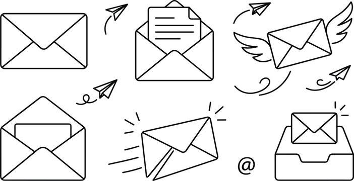 Email message and postal delivery line vector icon set with flying envelope paper plane and inbox drawer elements