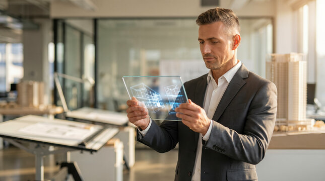 Professional caucasian male architect wearing grey suit examining glowing blue virtual 3D holographic building model through futuristic transparent glass digital smart tablet