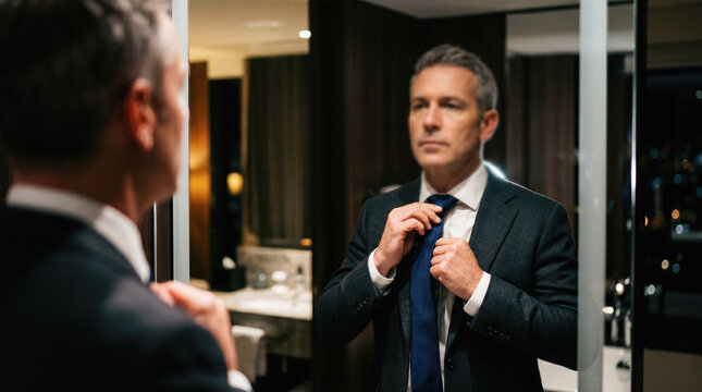 Handsome confident professional caucasian male executive wearing elegant dark suit carefully adjusting his blue silk tie standing before large mirror inside modern luxury bathroom